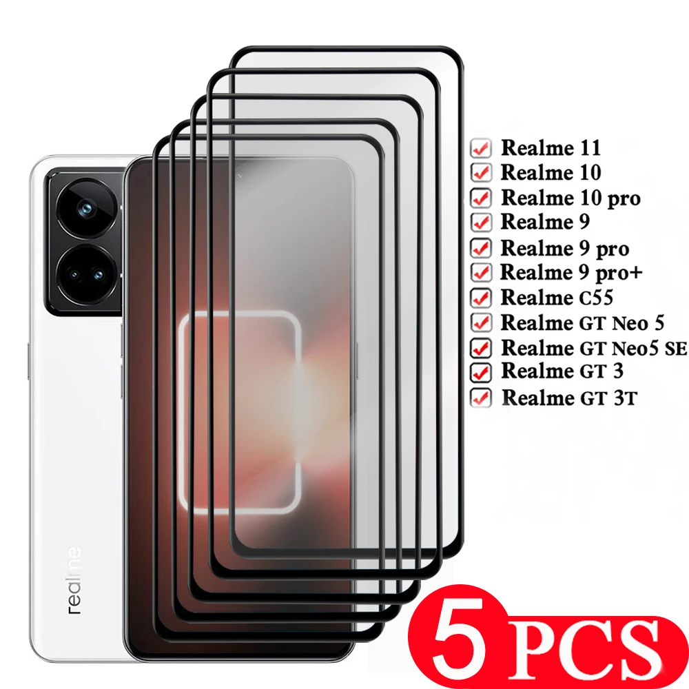 

5Pcs Tempered glass For Realme 10 11 GT Neo 5 SE 9 pro plus 3 3T 9D full cover For Realme C55 protective film screen protector