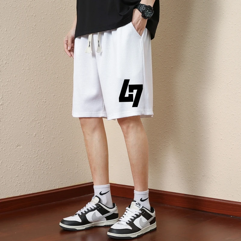 Men's Summer Elastic High Waisted Solid Pockets Drawstring Geometric Graphic Printing Casual Sports Loose Office Lady Shorts