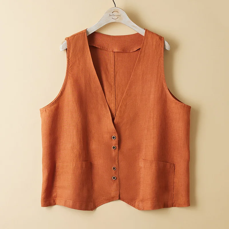 

2023 Spring and Summer New Oversize V-Neck Cotton Linen Vest Coat with Ramie Vest Wrapped Over Shoulder for Women
