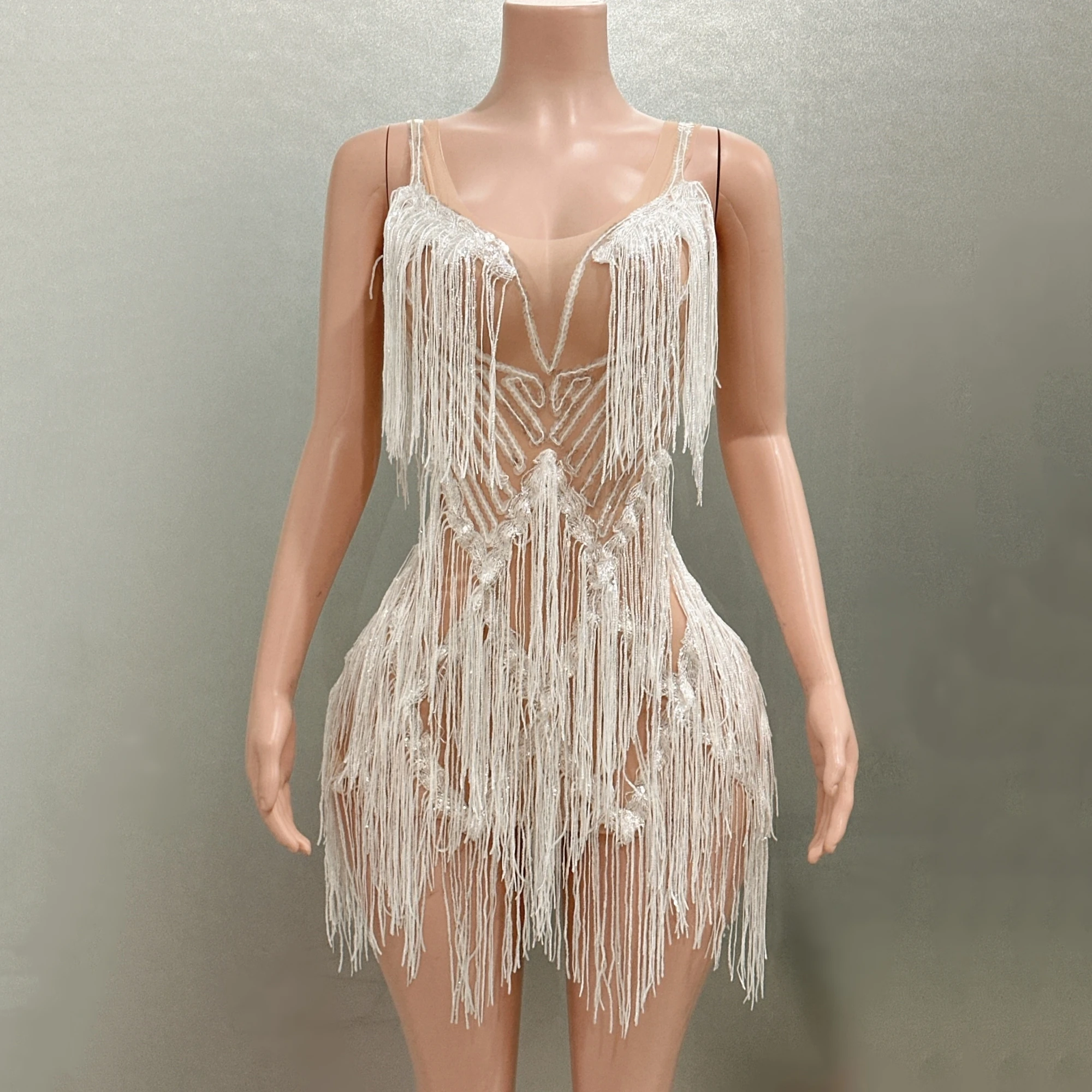 

Stock White Tassels Sexy Nude Color Mesh Bodycon Dress Fashion Nightclub Bar Evening Party Singer Performance Costume Stage Wear