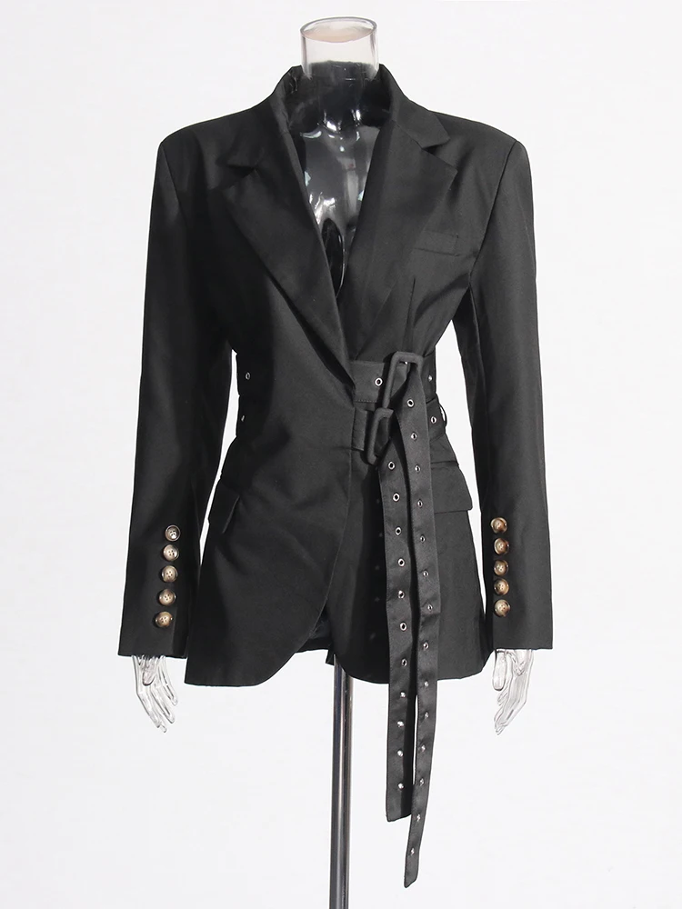 【ハンドメイド】タッセルジャケット TWOTWINSTYLE Solid Patchwork Belt Blazer For Women Notched