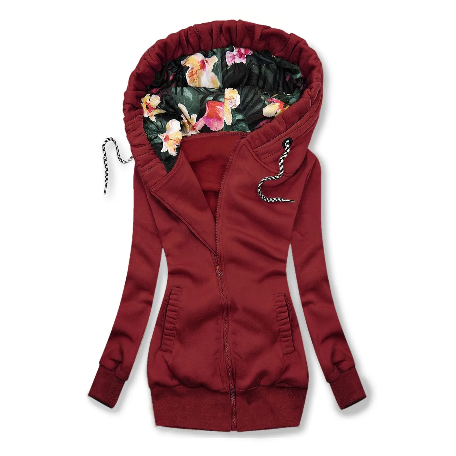 Womens Zipper Jacket Hoodies Light Autumn Winter Flower Printed Hooded Sweatshirts Female Blazer Solid Sports Bodycon Slim Blous