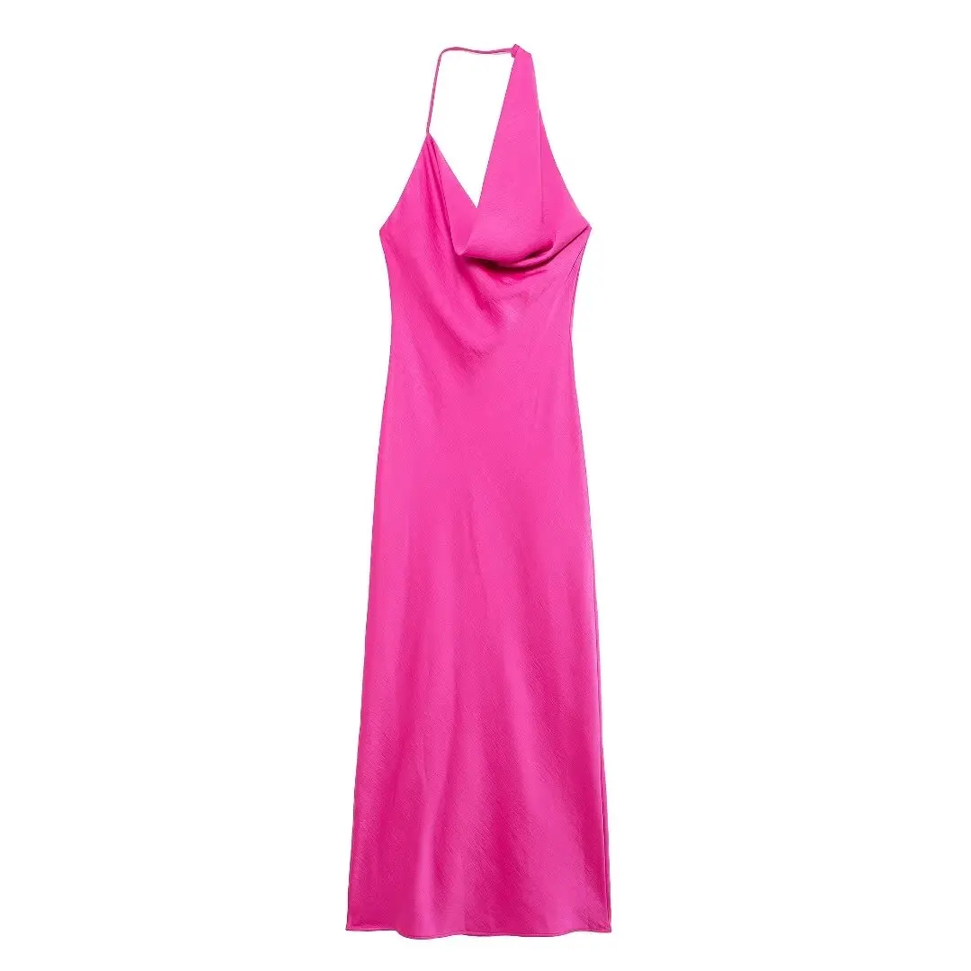 thumbnail image 1 of HH TRAF Vestido asimétrico plisado rosa rojo sexy sin mangas y espalda descubierta para mujer 2024 Vestido largo elegante con cuello halter y escote halter para mujer, 1 of 4