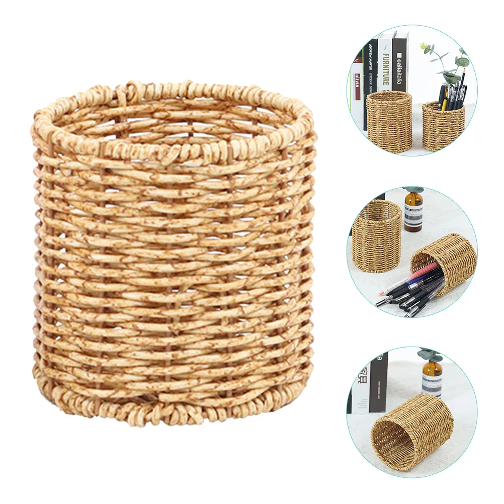 Rattan Pencil Cup Holder Wicker Pen Cup Handmade Makeup Brush Holder Woven Vase Organizer Gel Pen Container Boho
