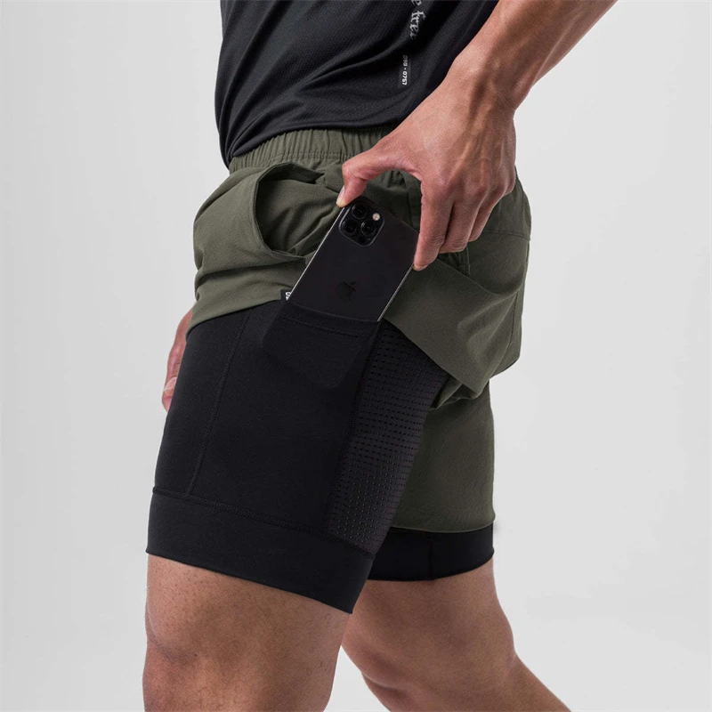 2023 Summer New Fashion Double Layer 2-in-1 Men's Shorts Multi functional Exercise Fitness Pants Zipper Pocket Capris