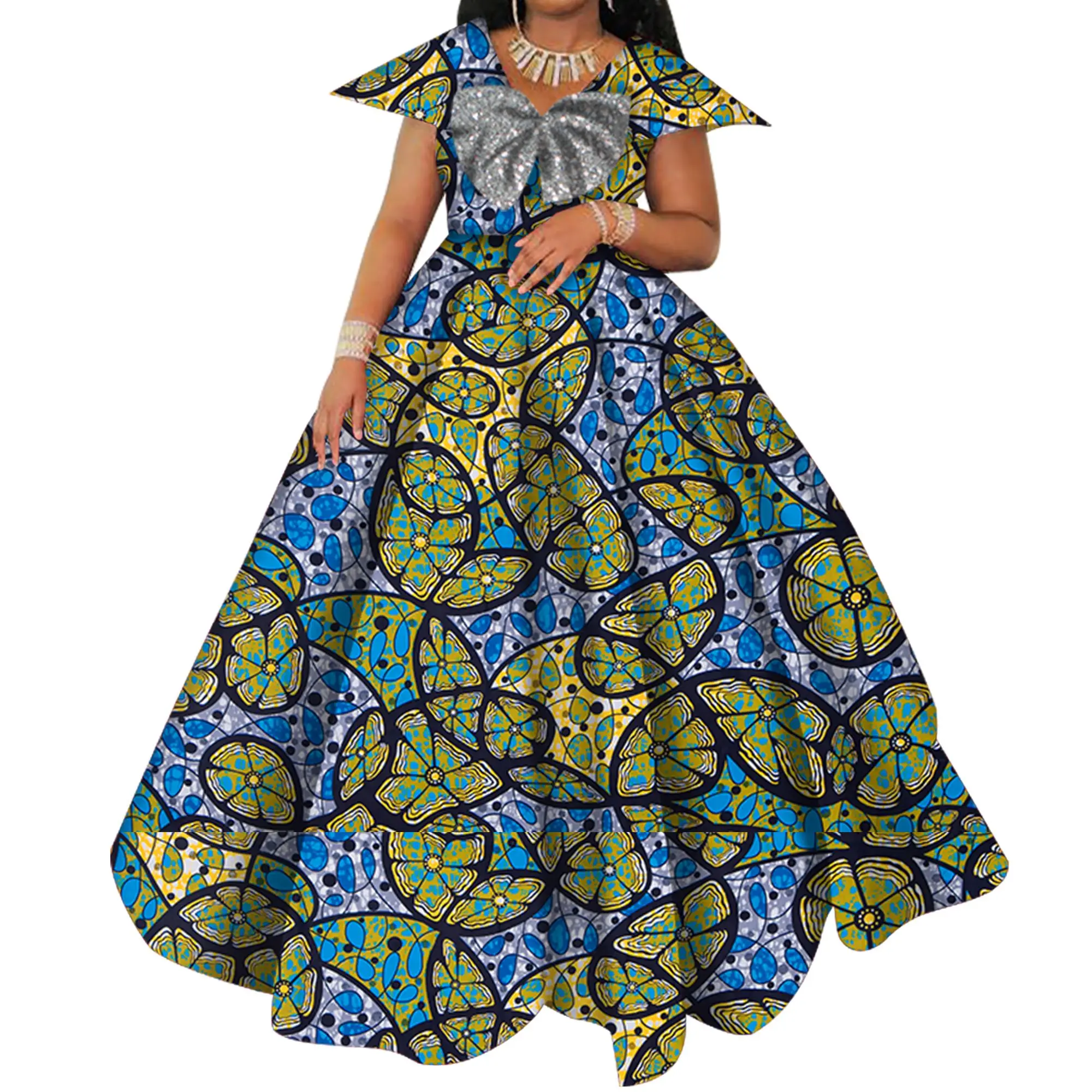 African Wax Print Dress For Women - Ankara Long Sleeve Maxi Dress Plus Size, Colorful Dashiki Design