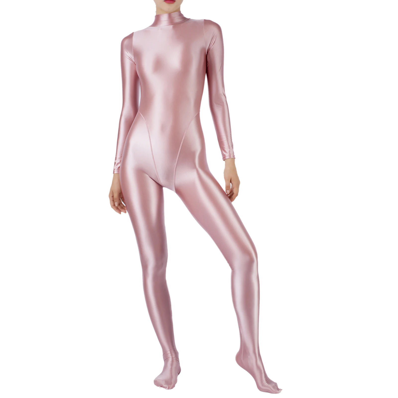 Mono completo brillante al óleo para mujer, lencería, culturismo, gimnasio, Fitness, cuello simulado, mono de manga larga, traje de baño protector contra sarpullidos