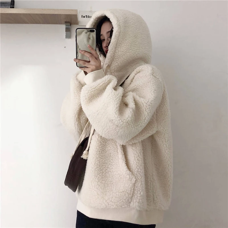 Women's Winter Loose Long-sleeved Lamb Plush Warm Ladies Pullover Plus Velvet Thickening Casual Loose Lantern Sleeve Hoodie