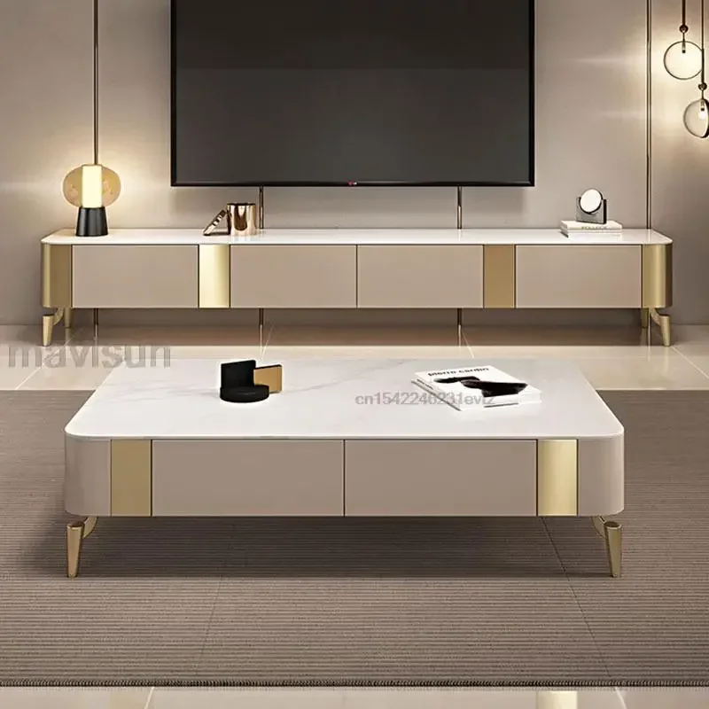 

Luxury TV Cabinet Solid Wood Drawers 1.3m Rectangle Coffee Tables Living Room Furniture In White Light Rock Panels Countertop