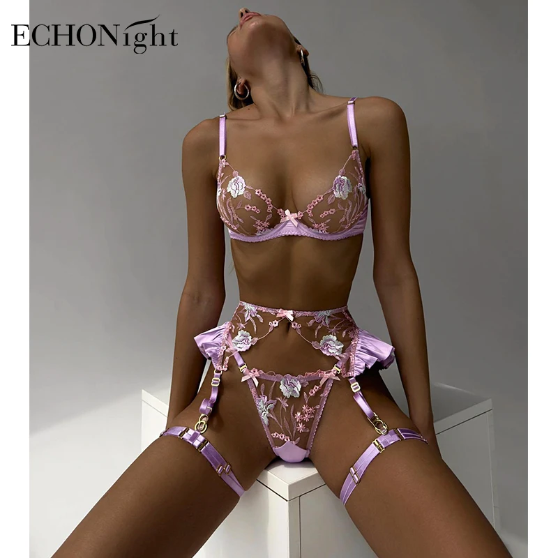 

Echonight Ruffle Erotic Lingerie Floral Intimate Set Transparent Lace Sexy Fantasy Underwear Luxury Attractive Pushup Outfits