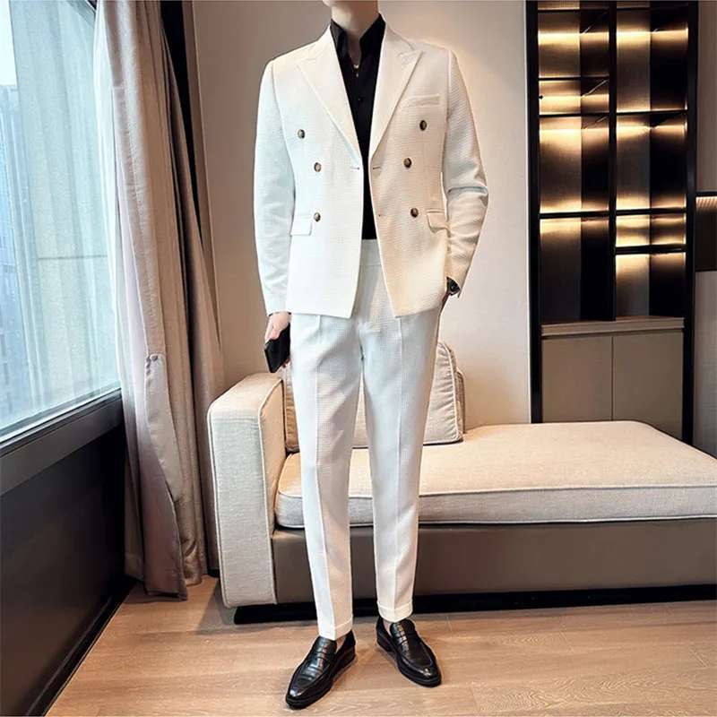 Double-breasted Waffle Business Suit Men Wedding Prom Party Blazers and Pants Homme Slim Fit Tuxedo Dress 2Piece Set