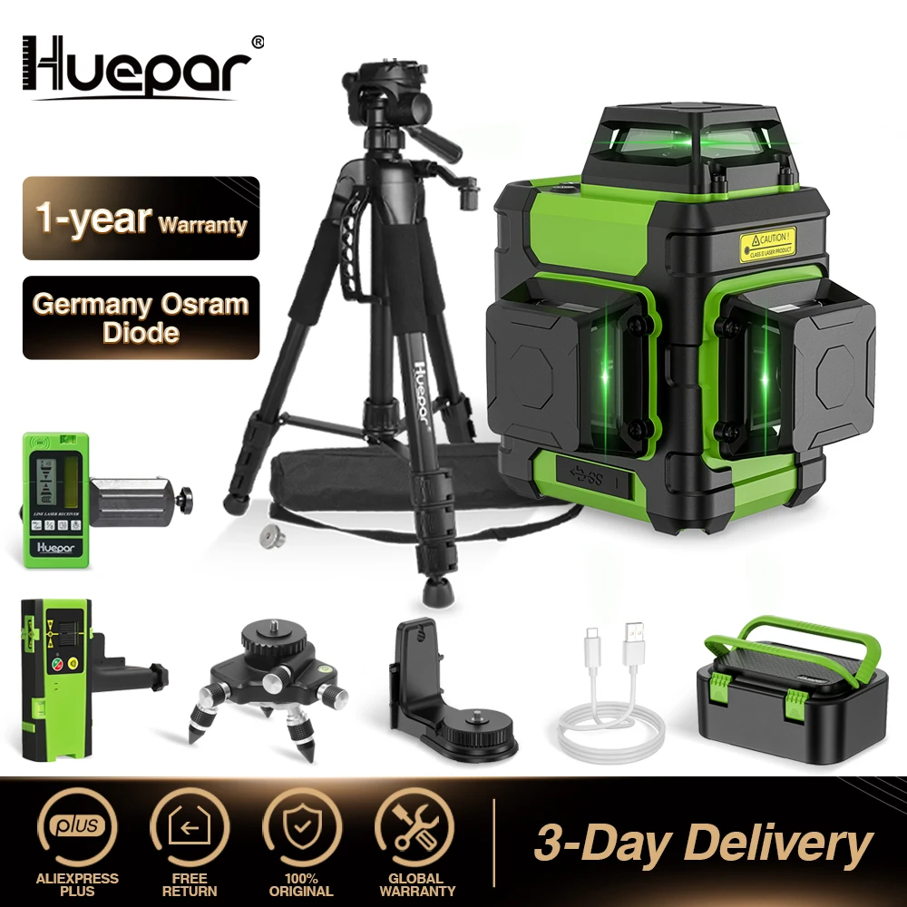 Huepar niveau Laser 3x360 °, faisceau vert 12 lignes à nivellement automatique, lignes croisées, outils avec Mode impulsion et étui de transport rigide