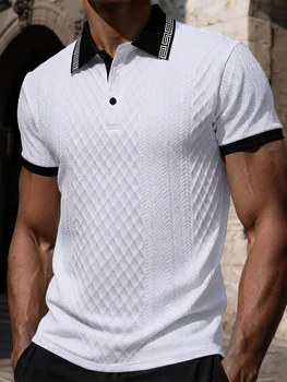 Polo da uomo casual sportiva in jacquard a maniche corte con bottoni e colletto a risvolto in maglia