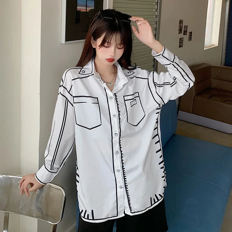 Fashionable Women's European and American Elegant Striped Printed Shirt 2024 Spring and Summer Plus Size Women's Long Sleeve Top