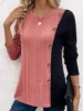 Ribbed Colorblock Button Decor T-Shirt，Casual Long Sleeve Top For Spring & Fall，Women's Clothing 4