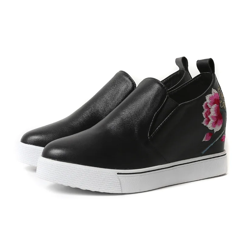 

Genuine leather womens platform shoes flower pattern wedge shoes elevated leisure sneakers