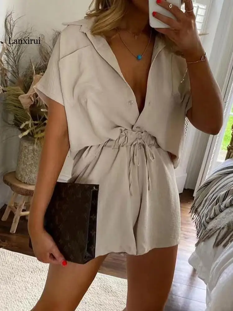 

Summer Streetwear Ladies Casual Shorts Suit Women Solid Button Sexy Matching Set Single Breasted Tops Drawstring Shorts Outfits