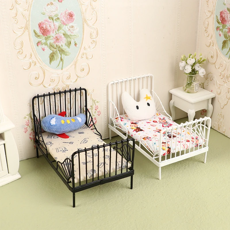 1Set 1:12 Dollhouse Miniature Iron European Bed Cradle Bed With Mattress Cushion Hanging Model Toys Furniture Bedroom Decor Toy 2