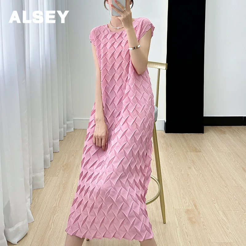 

ALSEY Miyake Pleated Vest Long Dress Spring and Autumn French Style High Sense Cold Style Graceful Fashion Short Sleeve Dress