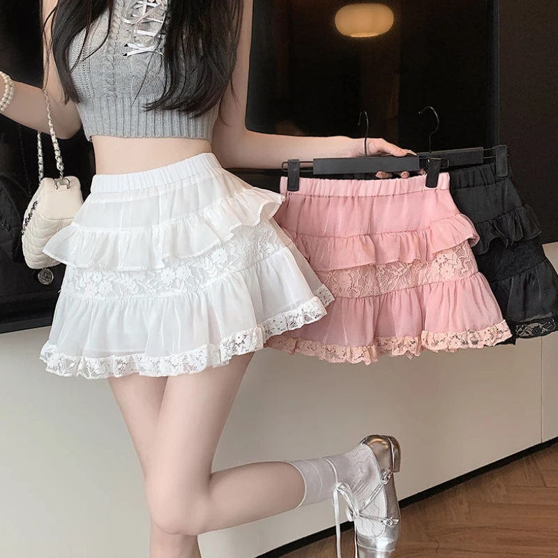 Kawaii Mini Skirt Women Lace Ruffle Patchwork Summer High Waist Balletcore A-line Short Skirt Girl