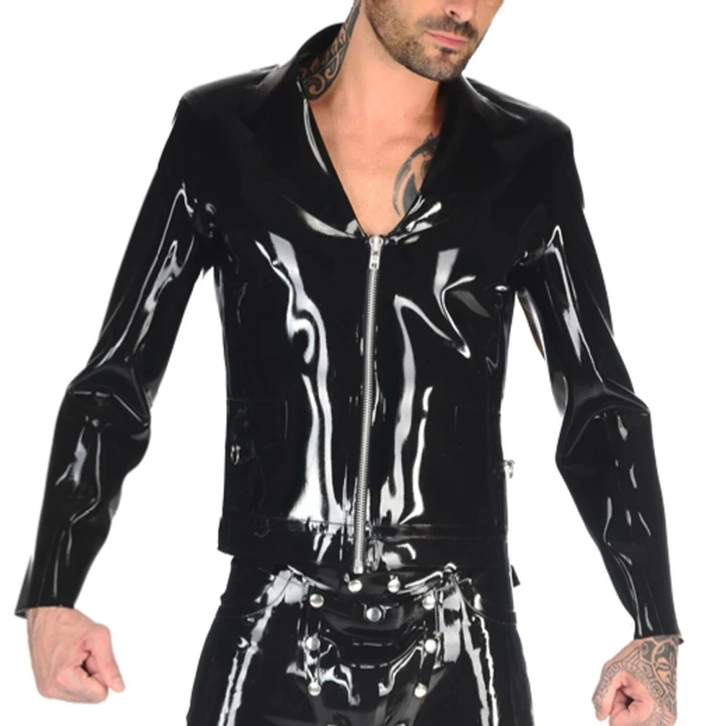

Black Sexy Latex Jacket Coat with Front Zip Halloween Cosplay Costume for Men