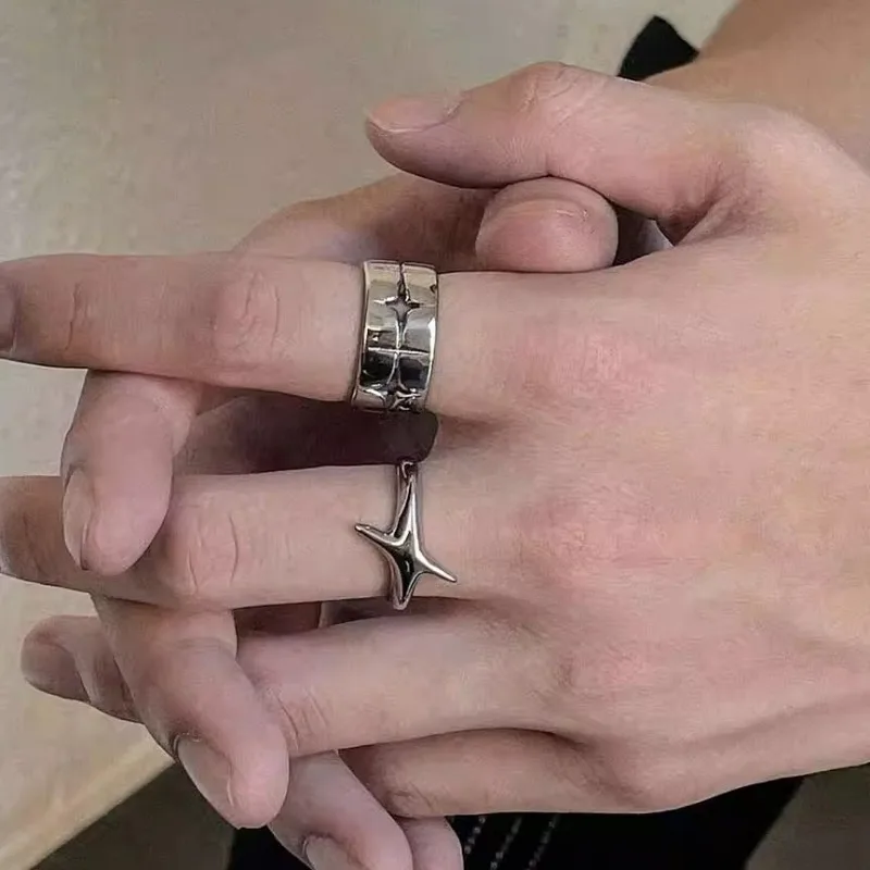 Retro Punk Silver Color Stars Open Rings for Women Men Fashion Adjustable Couple Rings Y2K Hip Hop Vintage Ring Jewelry Gifts