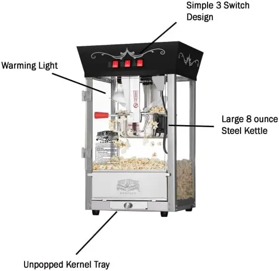 Popcorn Machine with Stainless-Steel Kettle, Reject Kernel Tray, Warming Light, and Accessories