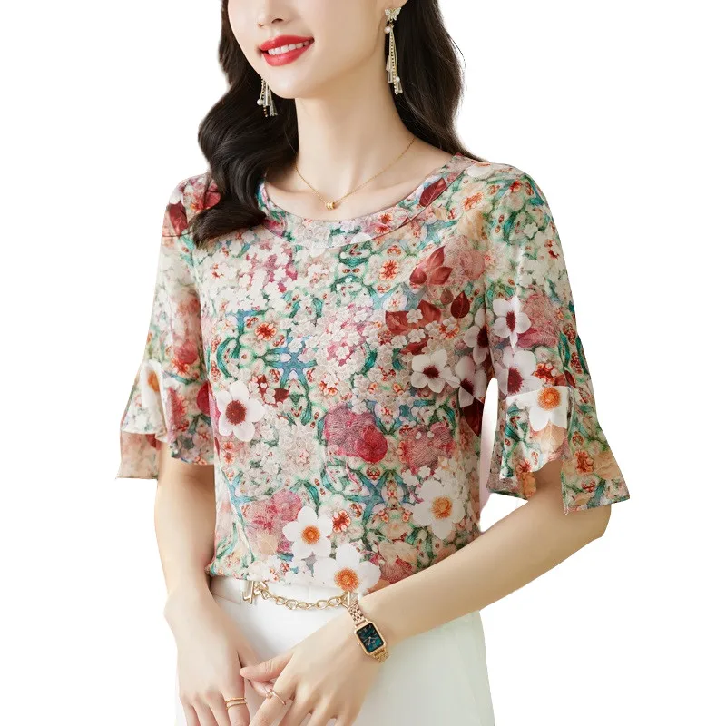 

4XL Women Spring Spring Summer Shirts Lady Fashion Casual Half Sleeve O-Neck Collar Printing Flower Blusas Tops CT0551