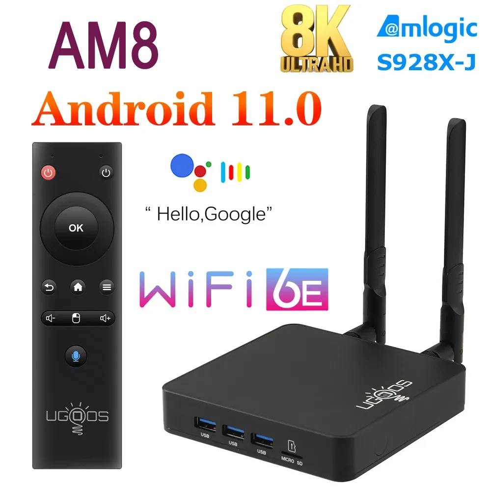 Ugoos Am8 Smart Tv Box Android 11 Amlogic S928X-J Ddr4 4Gb 32Gb Wifi6 Bt5.3 1000M 8K Set Topbox Supporto Dolby Audio Dolby Vision