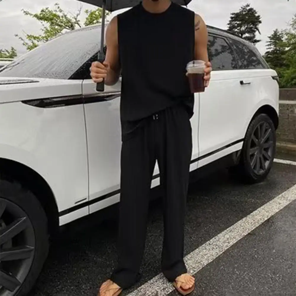 

Sports Vest Pants Set Sleeveless Top Trousers Set Men's Summer Casual Tank Top Wide Leg Pants Set with Drawstring Waist for Men