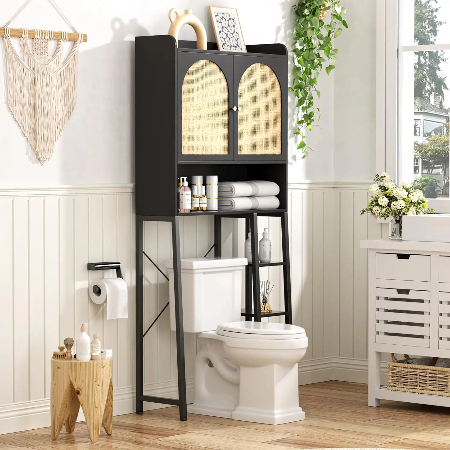 Vabches Over-the-Toilet Storage Cabinet with Rattan Doors & Metal Stand, 67" 3