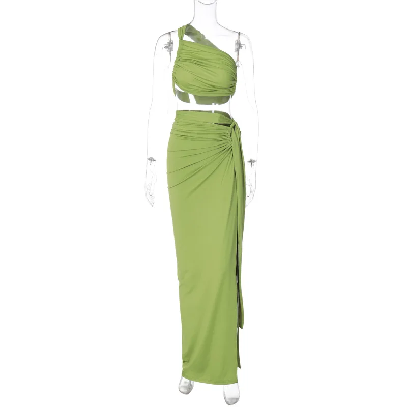 SKMY 2 Piece Sets Women Outfit 2023 Autumn New Sexy Open Back One Shoulder Crop Top Slim Fit Split Skirt Set Solid Color