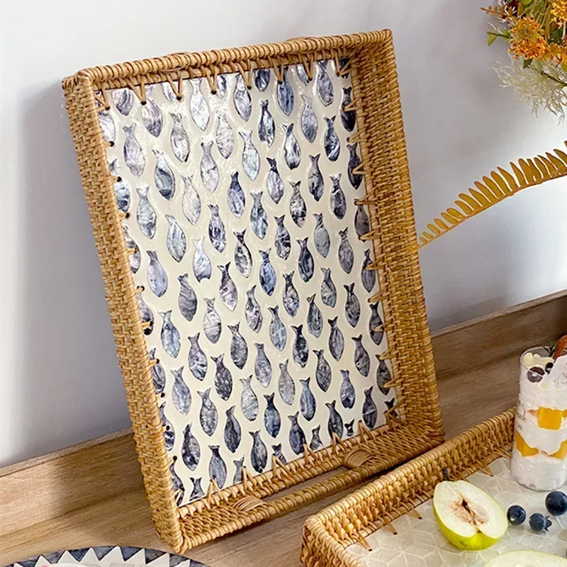 Rectangular Natural Shell Rattan Basket Creative Rattan Storage Tray Colorful Shell Storage Basket Fruit Dish Home Organizer 4