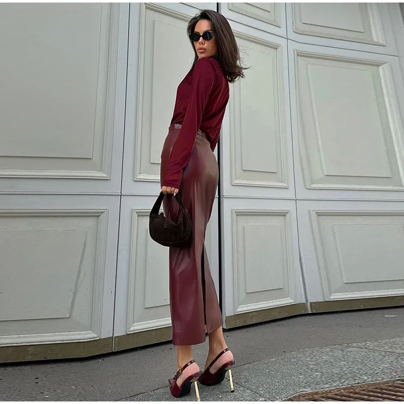 Fashion Burgundy Red Leather Skirt Slim Fit Hip Package Split Skirts Female Autumn Winter Commuting High Street Outwear