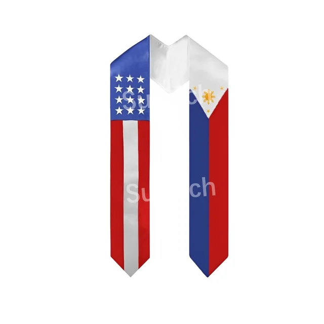 Mixed USA & Philippines Flag Graduation Stole Satin Fabric American Filipinos Study Abroad Graduation Sash