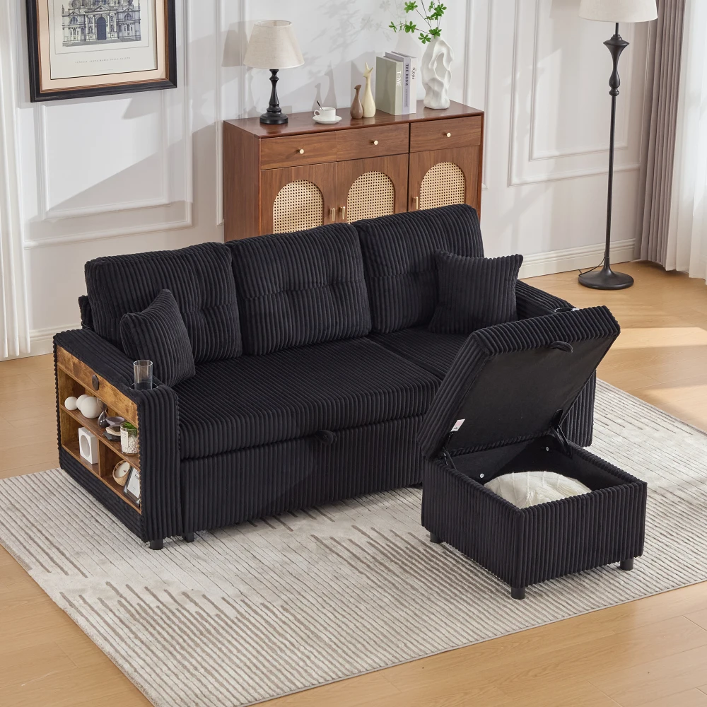 Multifunktionales Kordelsofa mit Stauraum und ausziehbarem Bett. Enthält USB-C, Umgebungsbeleuchtung, Getränkehalter und breite Armlehnen – Detail 17