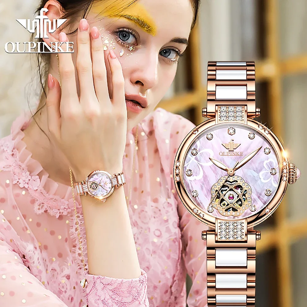 

OUPINKE 3183 Automatic Watches for Women Tungsten Steel Ceramic Band Wristwatches Sapphire Crystal Skeleton Waterproof Watch