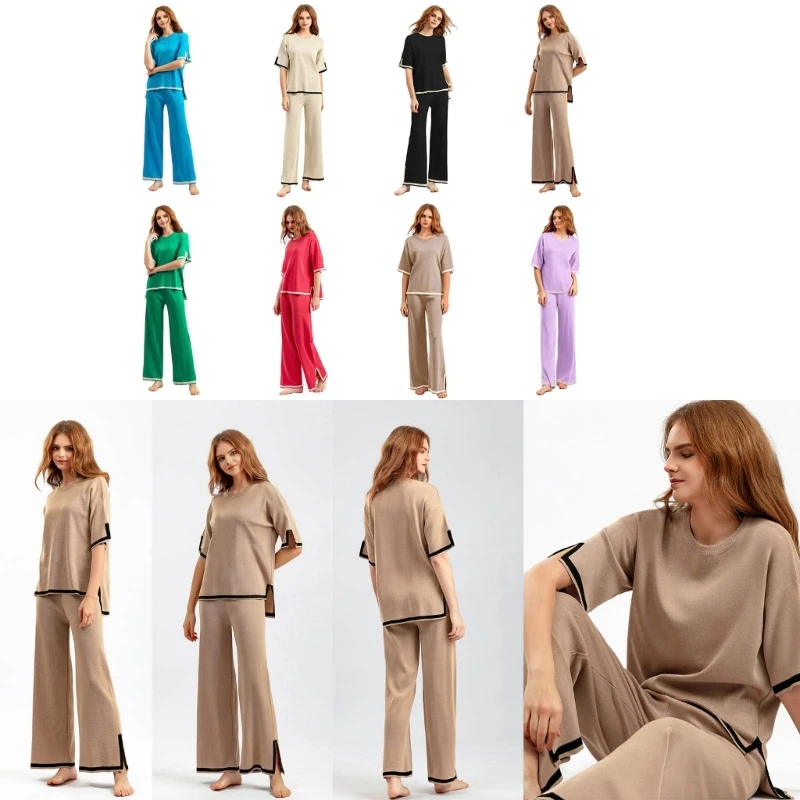 

2 Piece Outfits Sets Loungewear Short Sleeve Knit Tops Wide Leg Pants