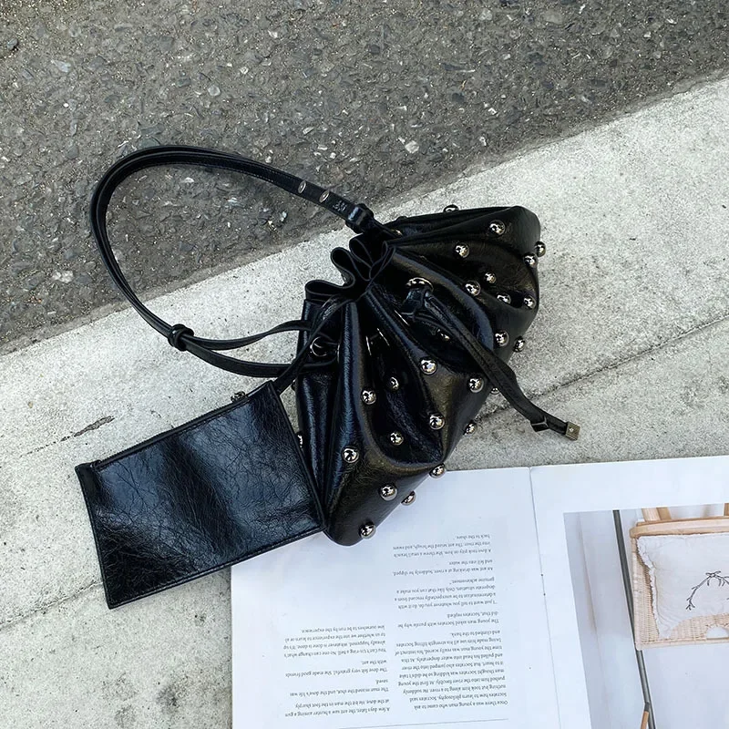 Luxury Rivet Bucket Bags for Women PU Leather Purses and Handbags Designer Shoulder Bag Retro High Quality Clutch Female New