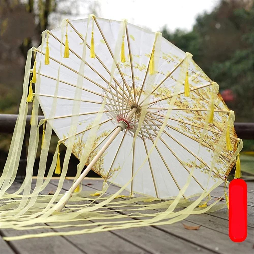 Hanfu Tassel Parasol for Women Silk Cloth Japanese Cherry Blossoms Ancient Dance Decorative Chinese Style Oil Paper Umbrellas