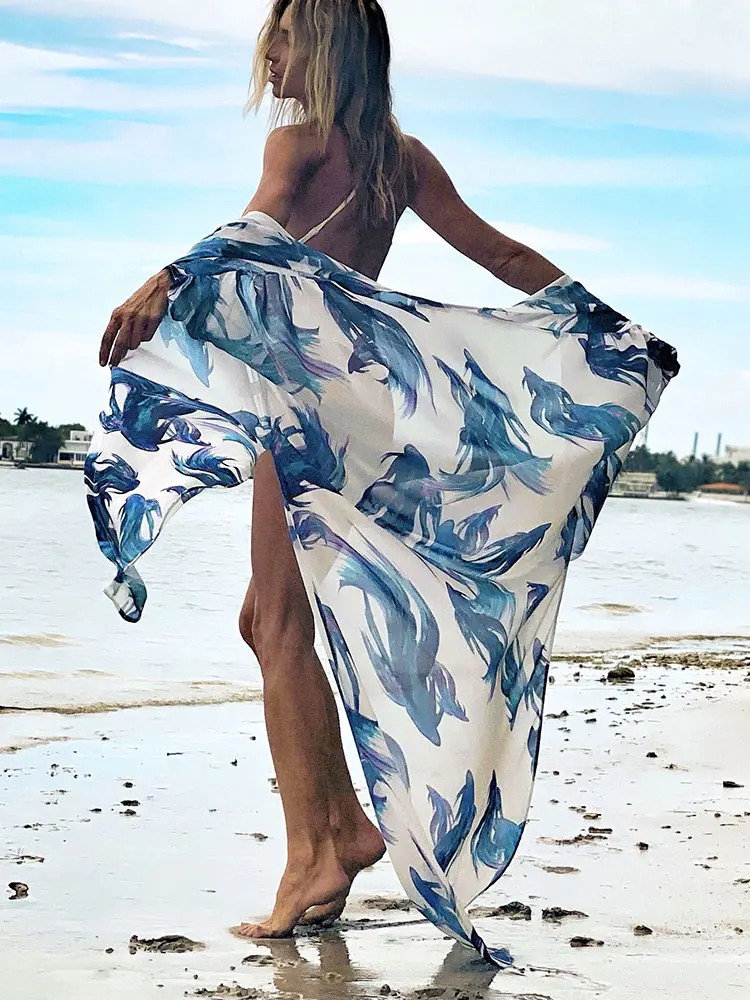 Bikini Cover-ups Boho Print Self Belted Long Sleeve Kimono Dress Tunic Women Summer Clothes Beach Wear Swim Suit Cover Up A1013 long beach dresses Cover-Ups