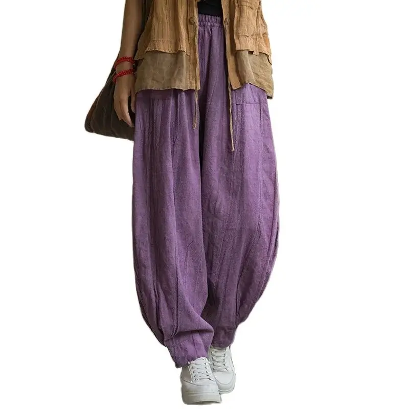 

Tie-dye Bloomers Pants Women Vintage Ramie Elastic Waist 2024 New Spring Loose Soft Casual Pockets Long Pants