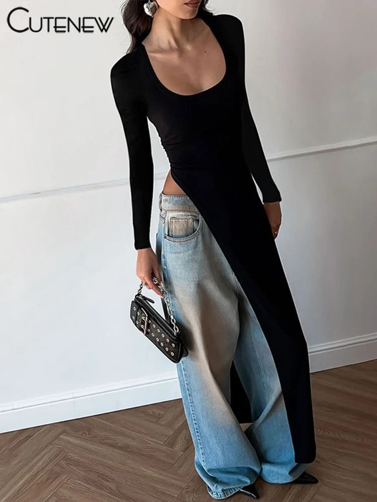 Solid Super Long Tops Women Casual Fashion Full Sleeve Square Neck Splited Skinny Tees Solid Concise Female Classic Wear