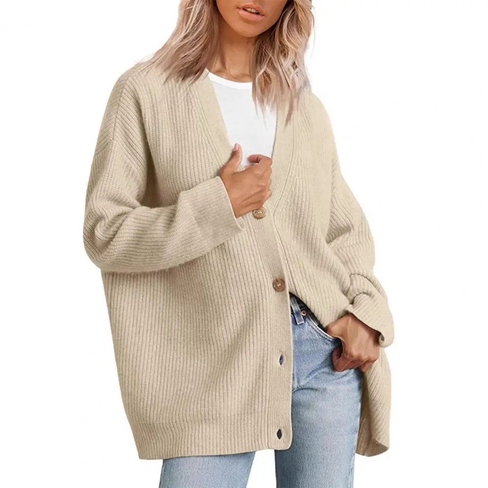 

Warm Long Sleeve Sweater Coat Stylish Women's V-neck Sweater Coat Loose Fit Ribbed Knitting Cardigan Outwear for Autumn Winter