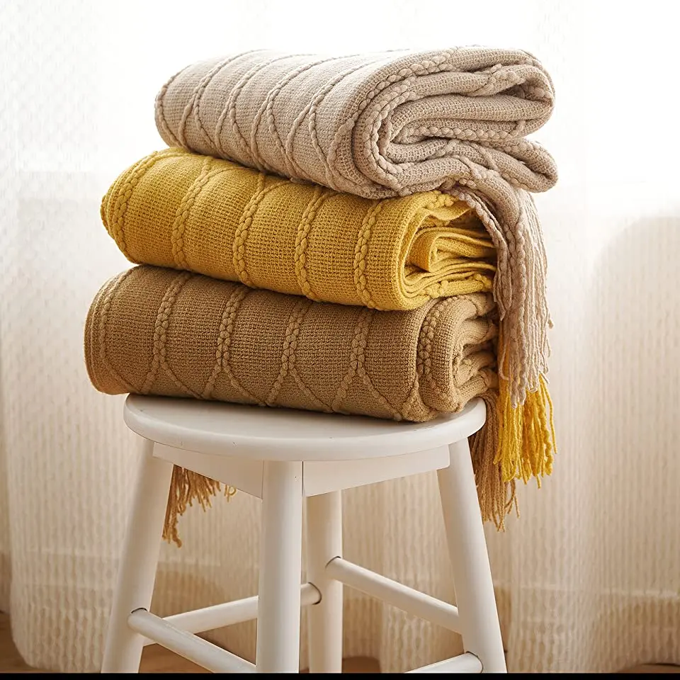 

Inyahome Knitted Decorative Blanket Textured Acrylic Solid Soft Sofa Throw Couch Cover Cozy Plush Lightweight Throw Size Blanket