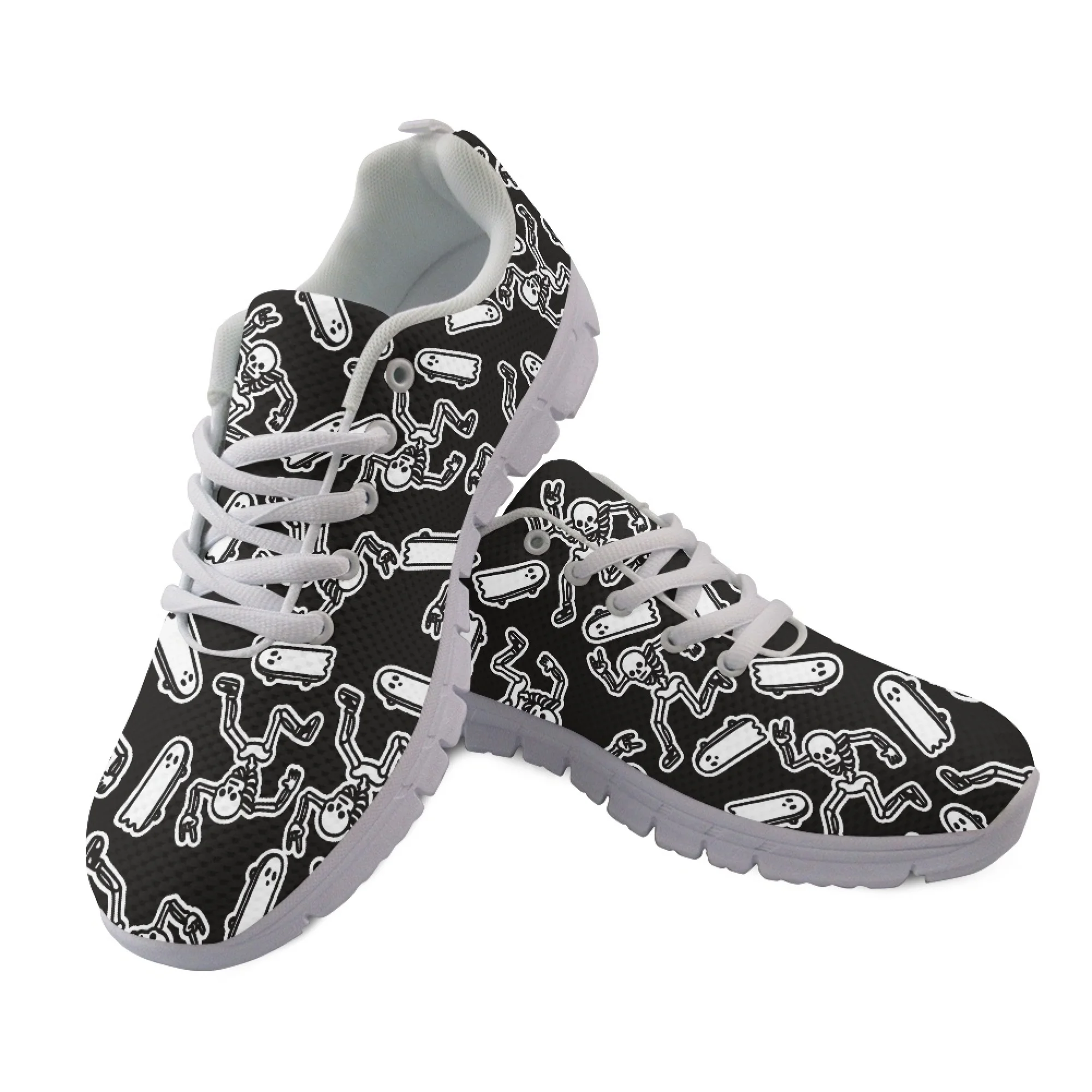 

Yikeluo Cute Cartoon Skeleton Skull Print Shoe for Women Sport Female Running Sneakers Light Mesh Flats Lace Up Girls Footwear