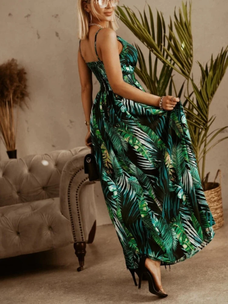 Elegant and Casual New V-neck Printed Women's Suspender Dress for Summer Fashion Women's Clothing