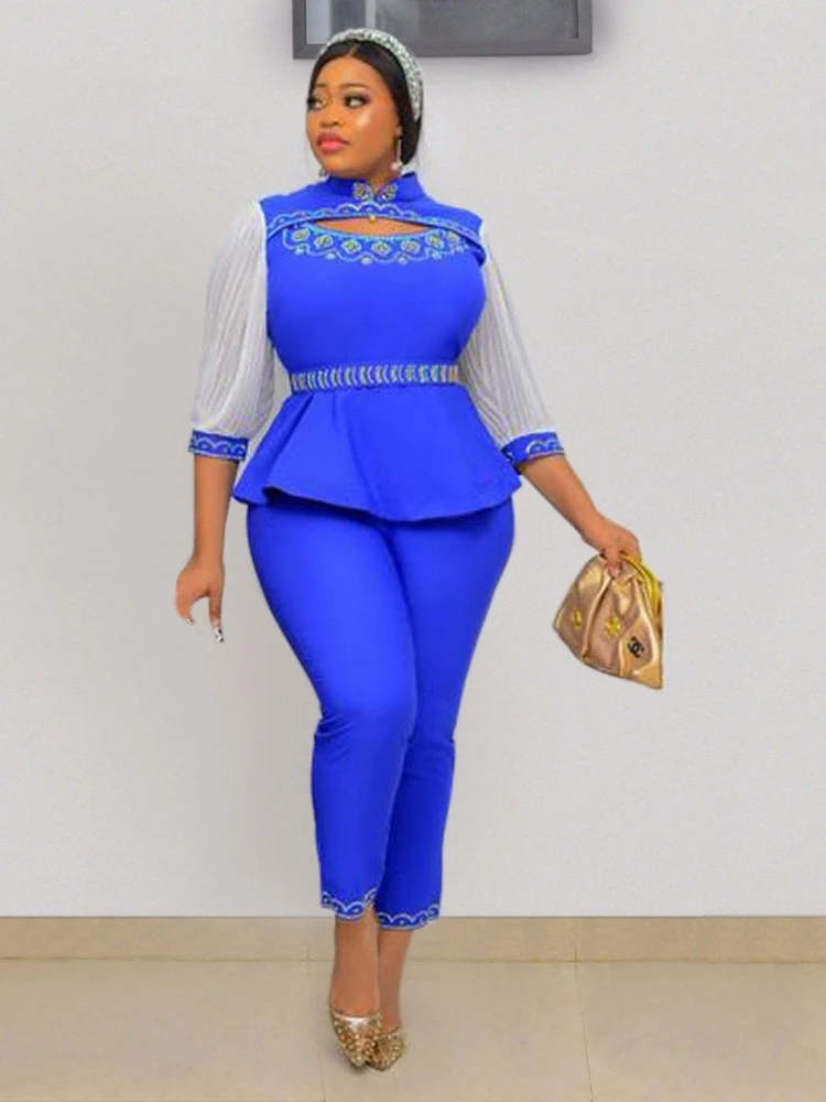african robe 2022 Spring African Women O-neck Yellow Blue Two Pieces Sets Top and Long Pant African Clothes Women African Suit formal dresses south africa