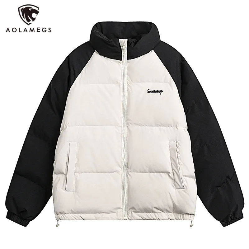 

Aolamegs Men Y2K Down Jackets Letter Printed Contrast Color Raglan Sleeve Stand Collar Puffer American Retro Casual Cotton Coat