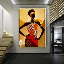 

Handmade Large Painting African Model Oil Painting Tribal Woman Large Figure Wall Art Yellow Canvas Painting Modern Home Decor
